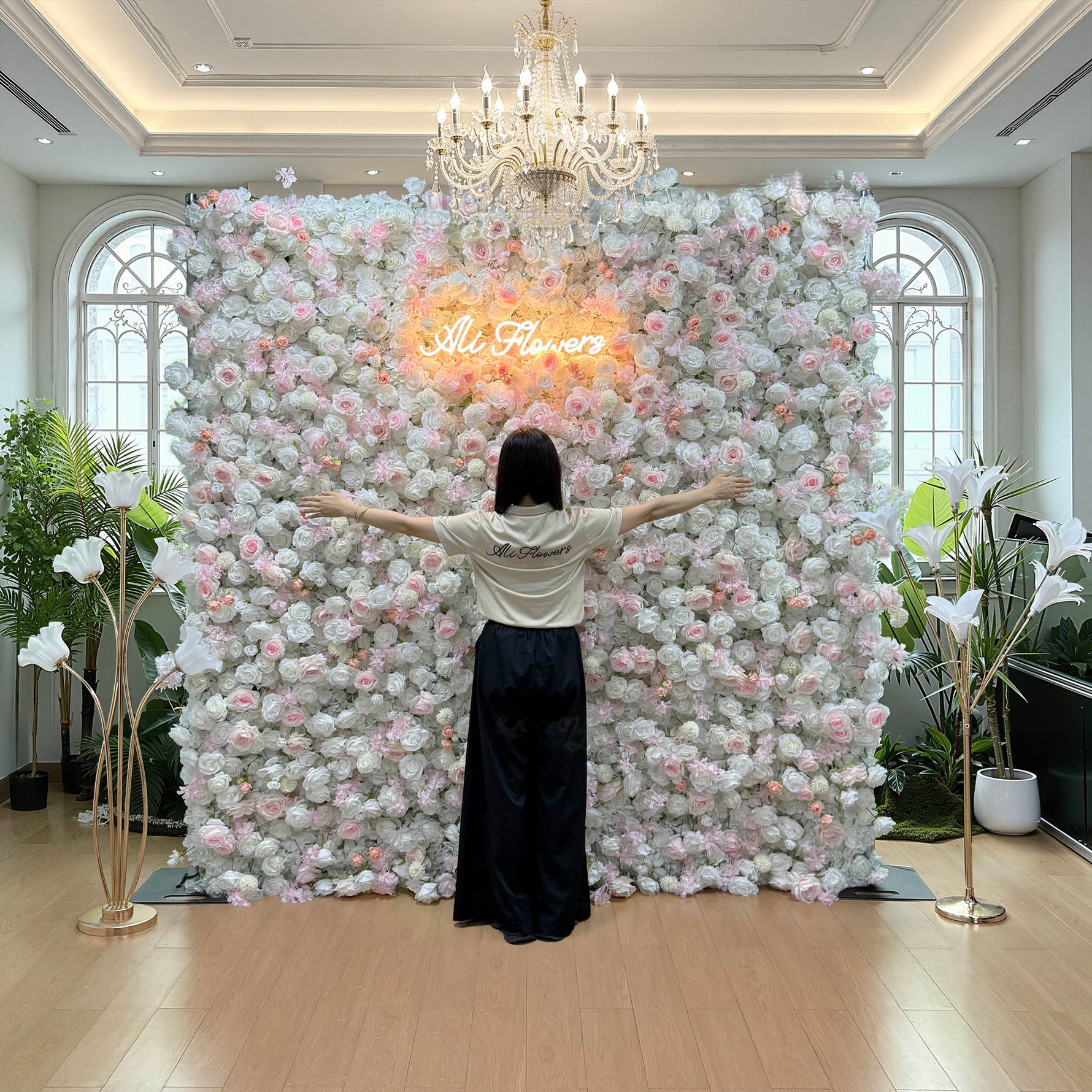 Aliflowers Elegant White and Pink Rose Flower Wall Backdrop for Wedding and Event Decoration - Ali Flowers