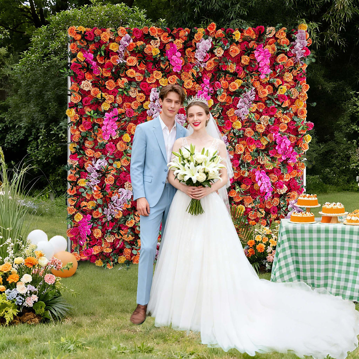 Aliflowers 3D Orange Red Rose & Orchid Flower Wall Backdrop for Wedding Party Decor