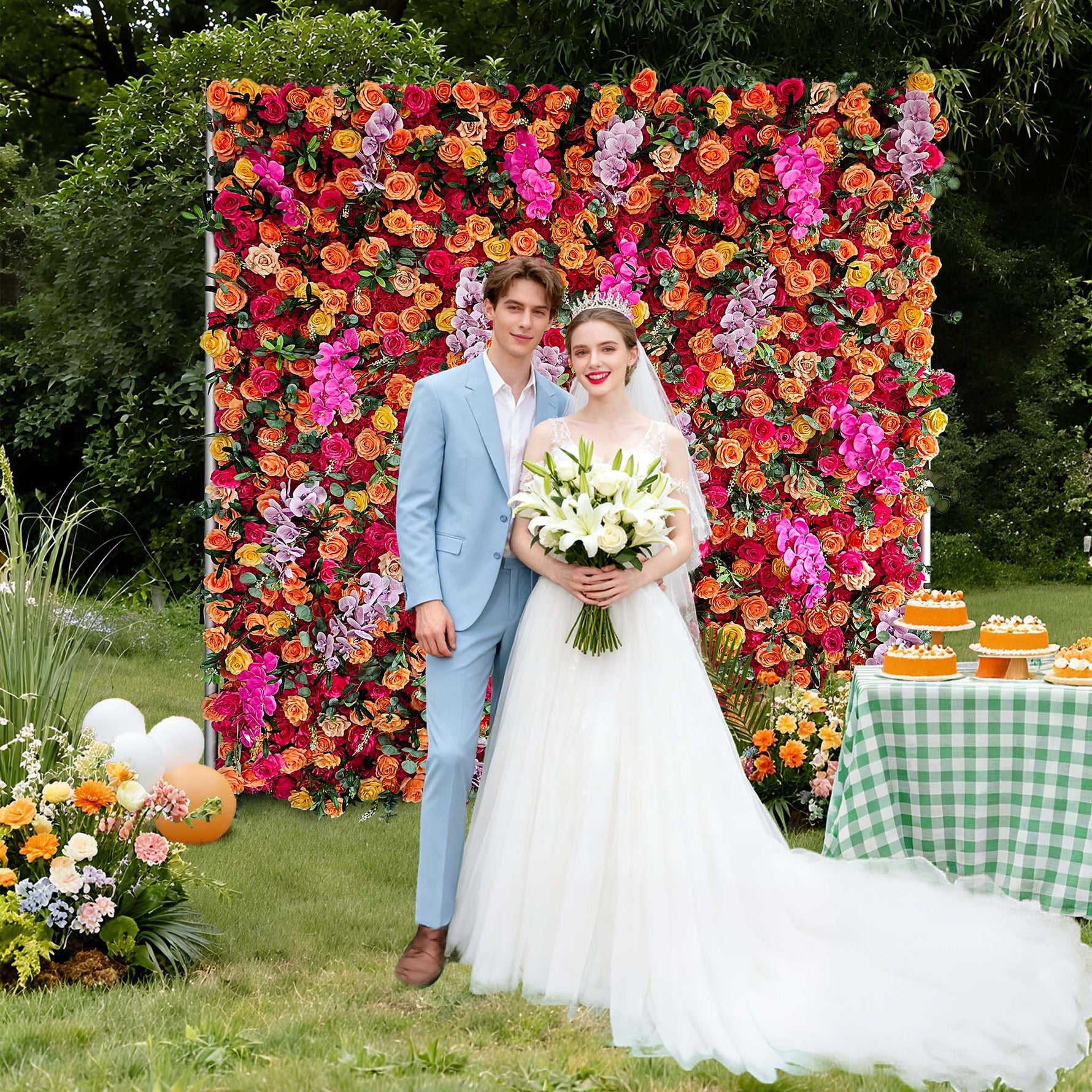 Aliflowers 3D Orange Red Rose & Orchid Flower Wall Backdrop for Wedding Party Decor