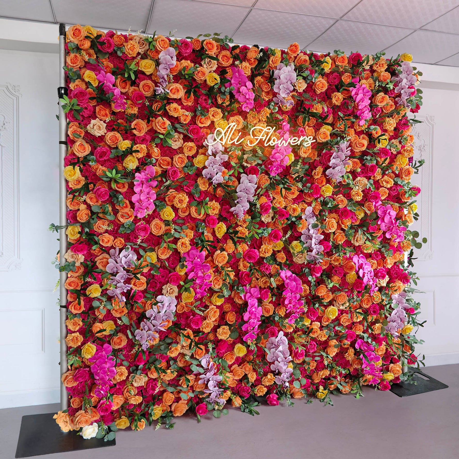 Aliflowers 3D Orange Red Rose & Orchid Flower Wall Backdrop for Wedding Party Decor