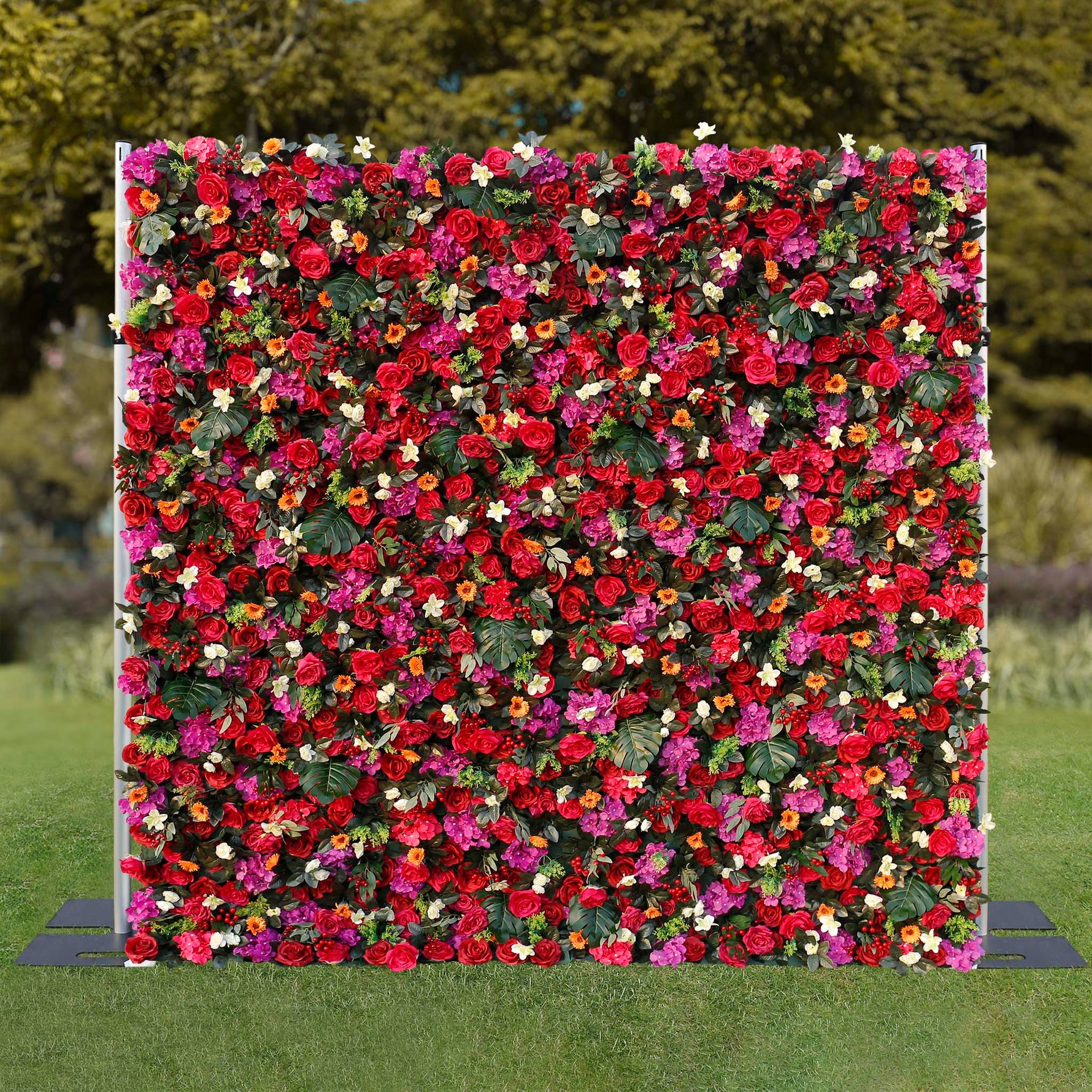 Aliflowers Red Rose with Hanging Greenery Artificial Flower Wall Backdrop ALFWL094 - Ali Flowers