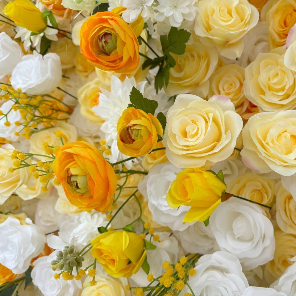 Aliflowers 3D Yellow & White Rose Fabric Roll Up Flower Wall for Wedding & Party Decor AlFWL186