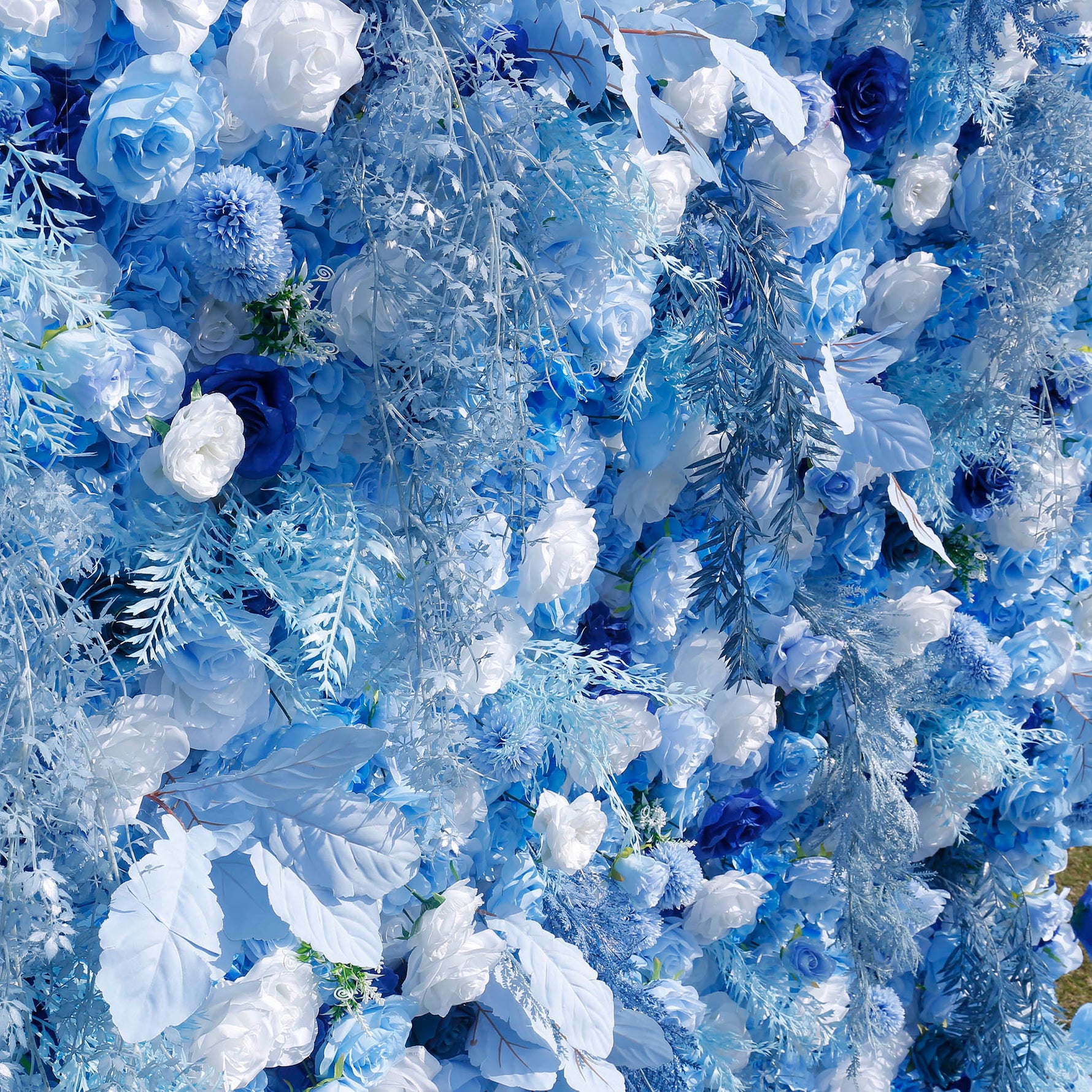 Blue Flowers with White Mist Grass 5D Artificial Floral Wall for Wedding ALFWL034 - Ali Flowers