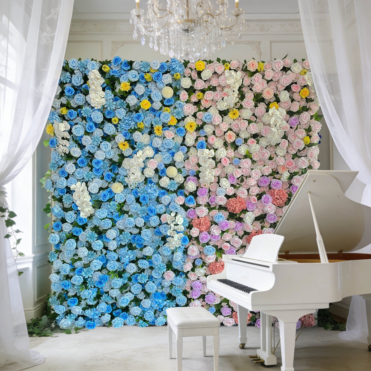 Aliflowers 5D Blue And Pink Rose And Hydrangea Floral Wall Backdrop, Suitable for Wedding Decoration ALFWL199