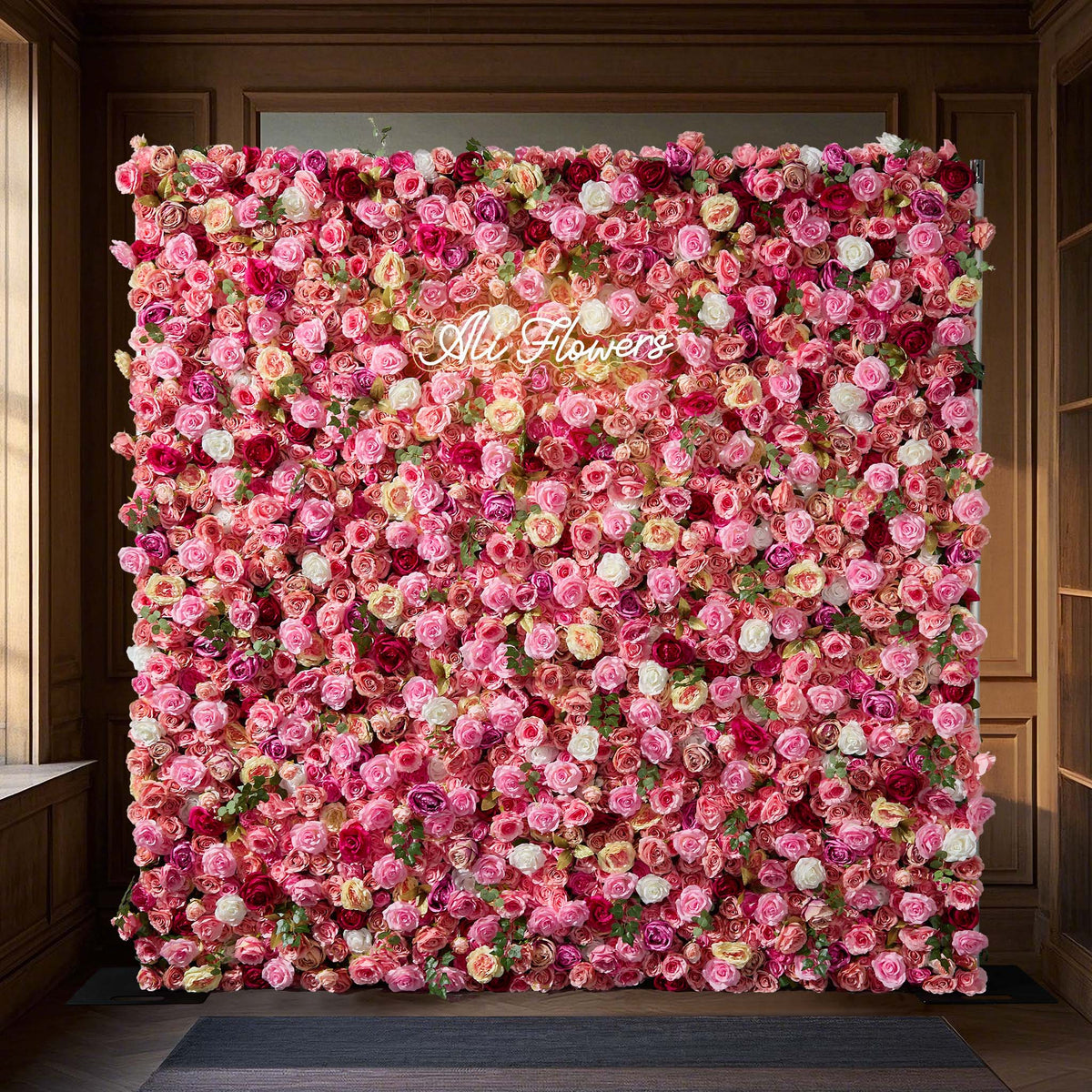 5D pink silk rose roller curtain artificial flower wall background wedding decoration