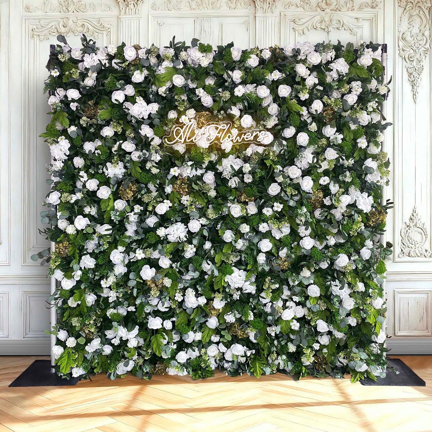 Aliflowers 5D White Rose & Green Leaf Artificial Curtain Flower Wall for Event & Party Backdrop ALFWL185