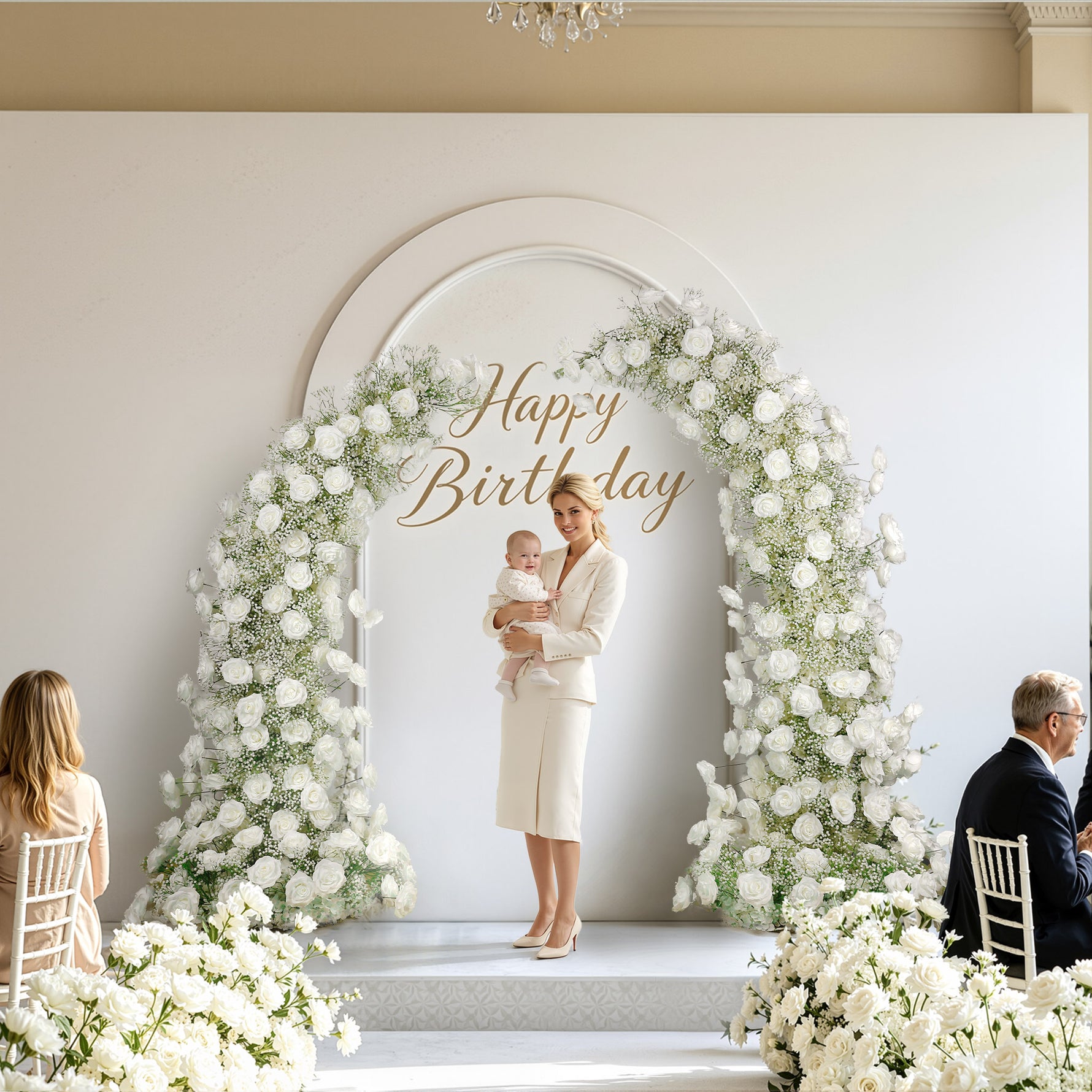 Aliflowers White Rose Baby's Breath Wedding Floral Arrangement Event Horn Arch Decor - Ali Flowers