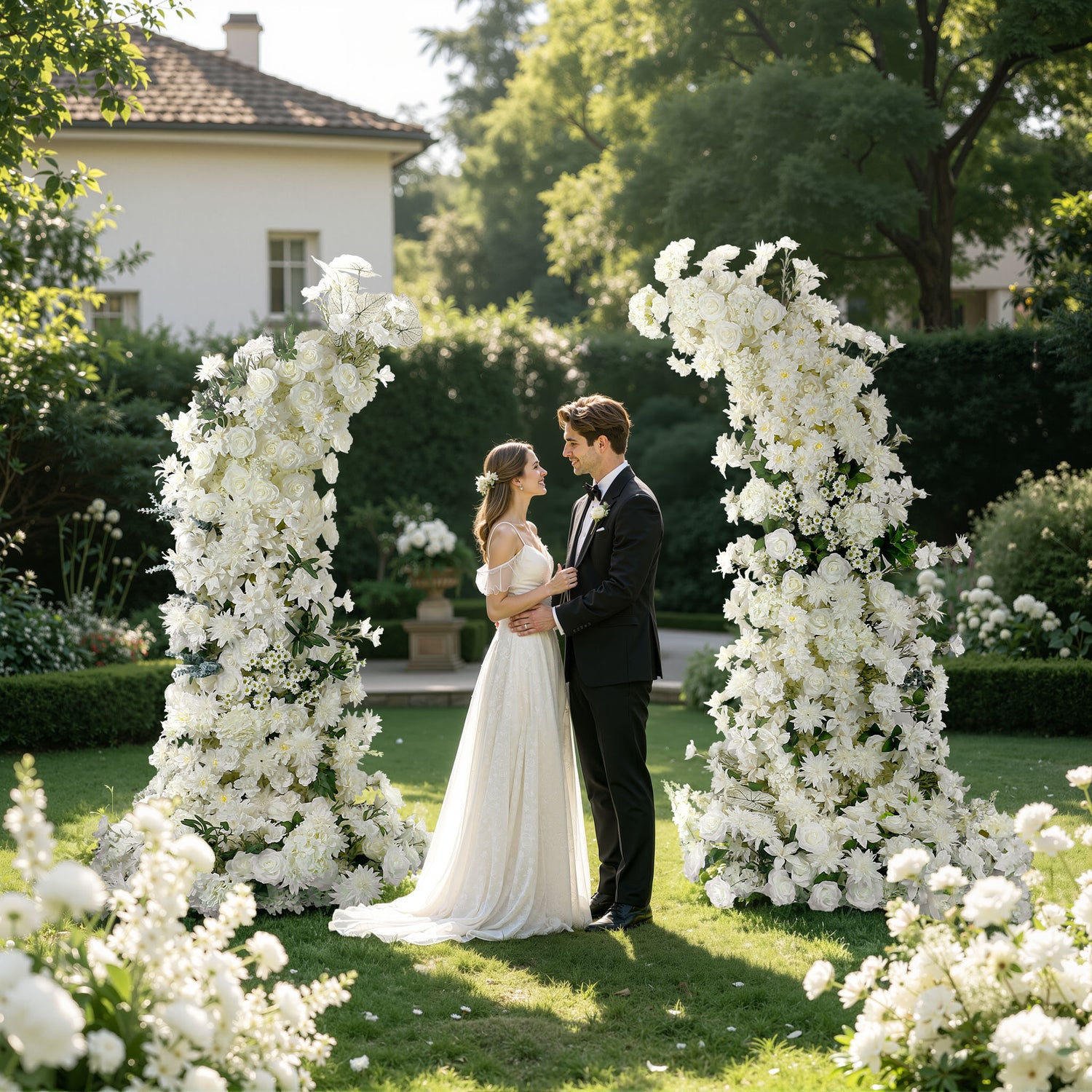 Aliflowers White Series Daisy Rose With Greenery Floral Arrangement Decor Horn Arch Frame Wedding Backdrop - Ali Flowers