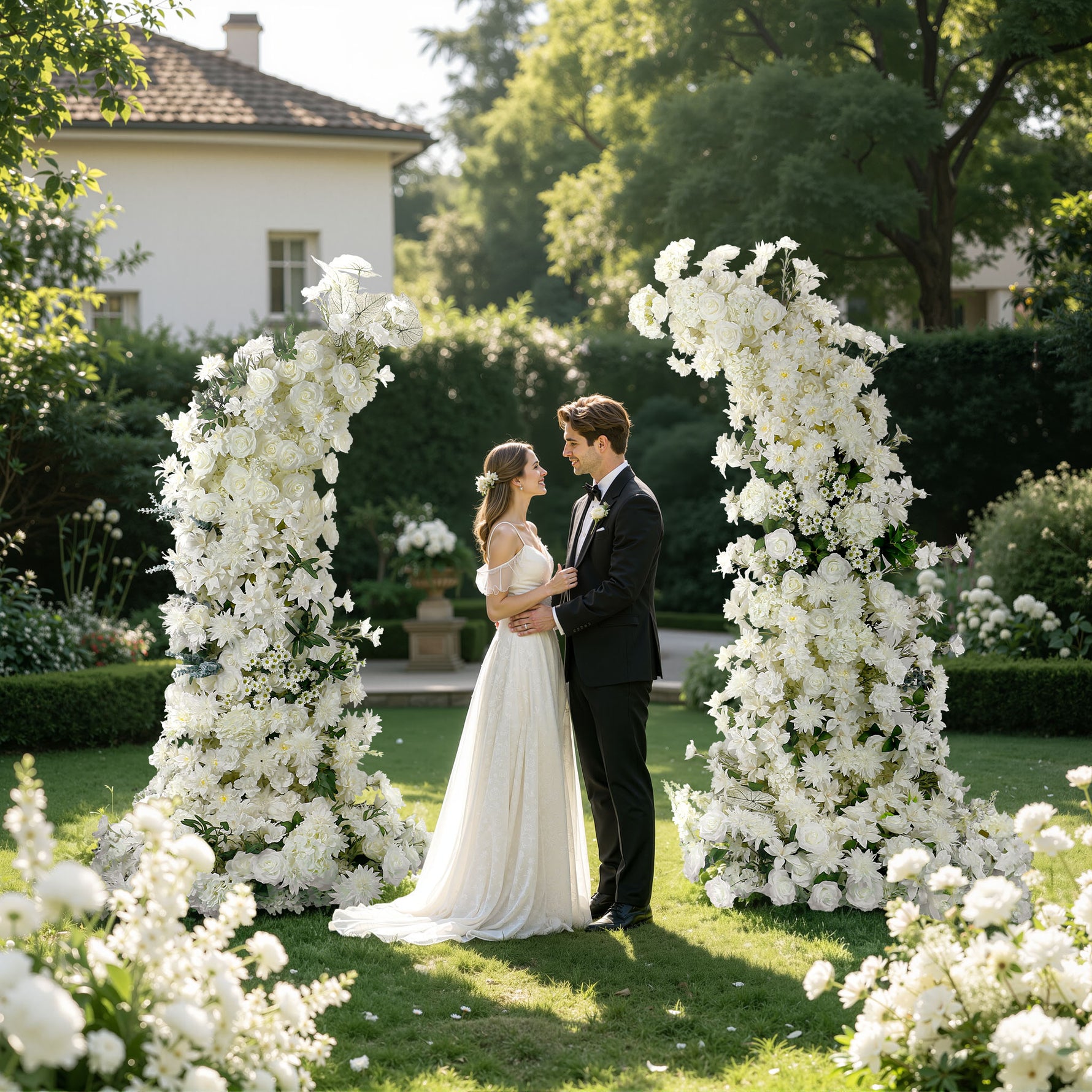 Aliflowers White Series Daisy Rose With Greenery Floral Arrangement Decor Horn Arch Frame Wedding Backdrop - Ali Flowers