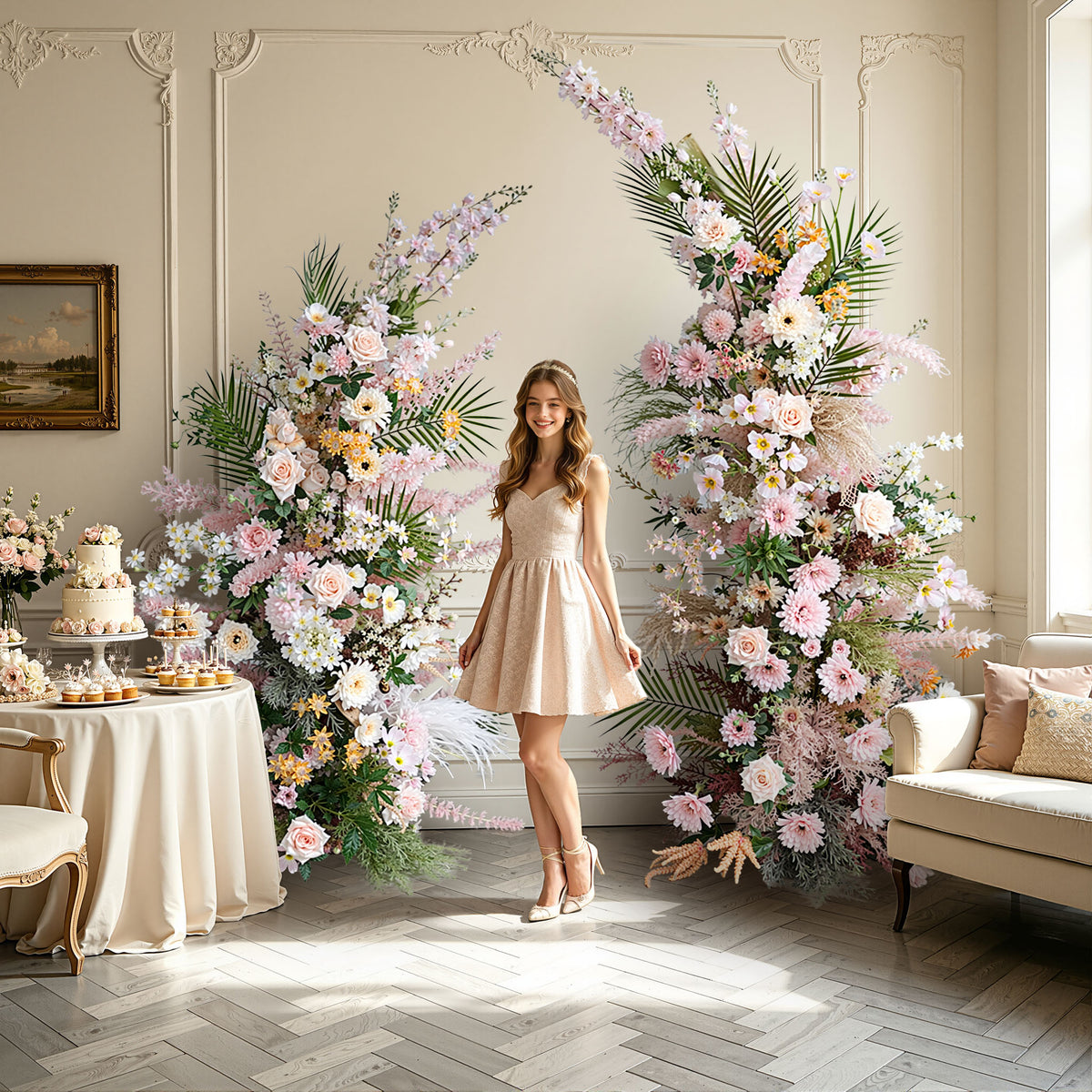 Aliflowers Luxury Blush Series with Dypsis Lutescens Artificial flowers Horn Arch ALFAC018 - Ali Flowers