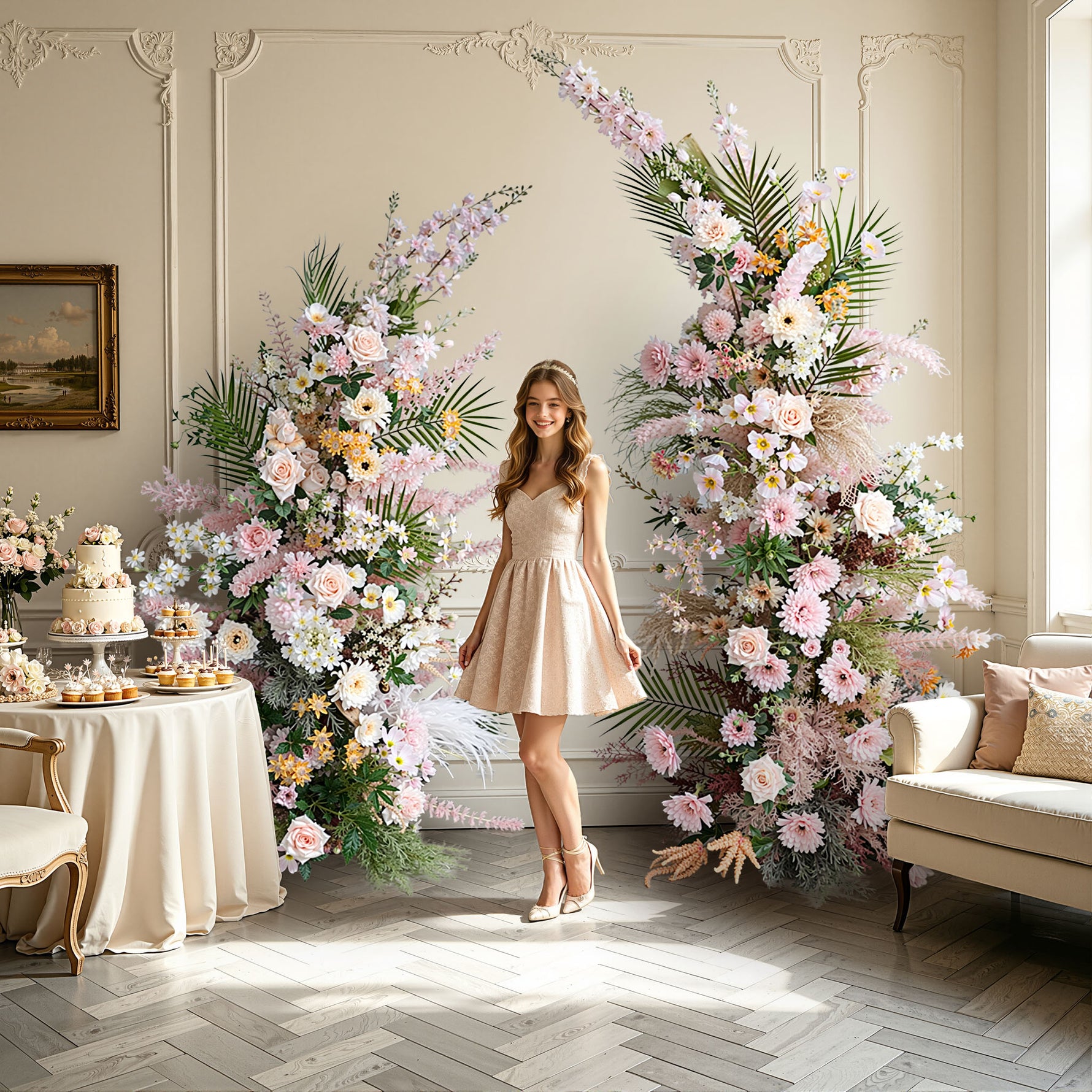 Aliflowers Luxury Blush Series with Dypsis Lutescens Artificial flowers Horn Arch ALFAC018 - Ali Flowers