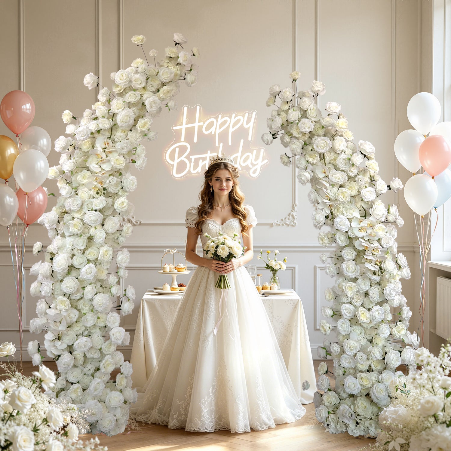 Aliflowers White Rose Artificial Flower Horn Arch Floral Arch for Event Proposal Wedding Decoration - Ali Flowers