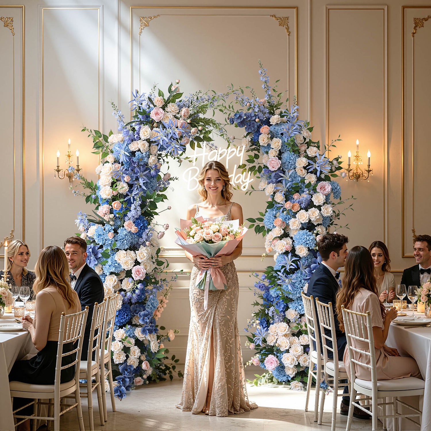 Aliflowers Blue White Series With Greenery Flower Row Arrangement Decor Wedding Backdrop Horn Arch Party Props ALFAC006 - Ali Flowers