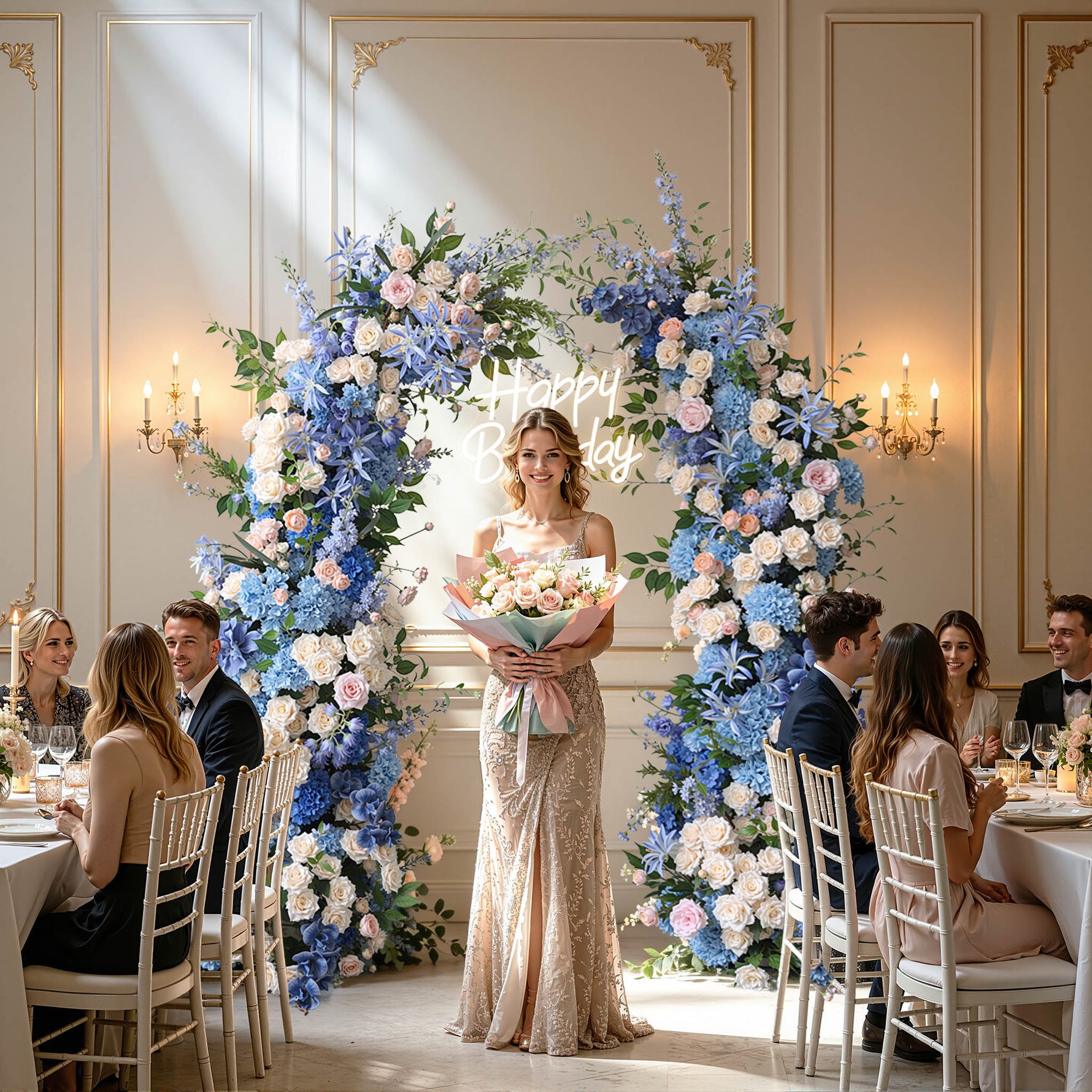 Aliflowers Blue White Series With Greenery Flower Row Arrangement Decor Wedding Backdrop Horn Arch Party Props ALFAC006 - Ali Flowers
