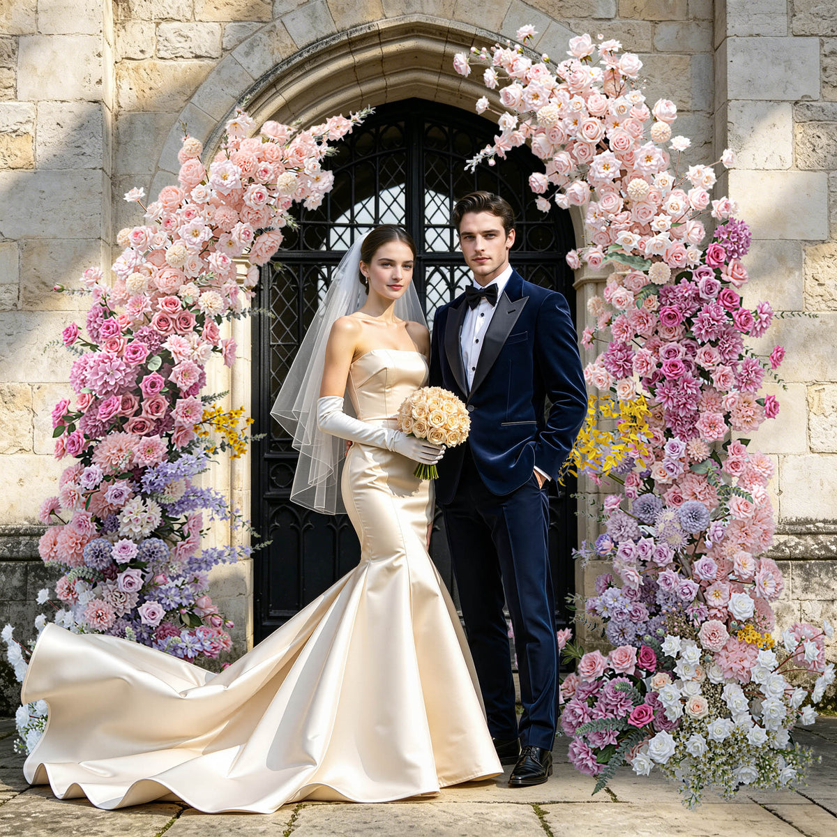Aliflowers Gradient Color Series Colorful Rose Orchid Wedding Backdrop Horn Arch Decor Floral Arrangement ALFAC012 - Ali Flowers