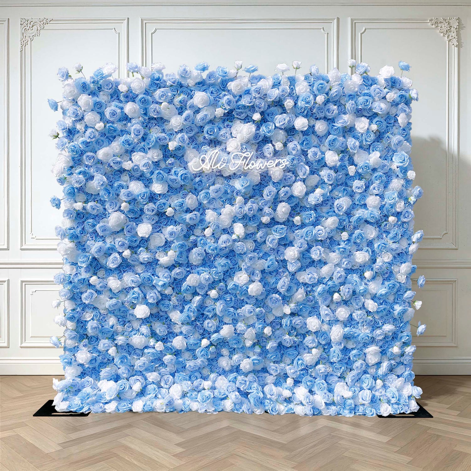 Aliflowers 5D Sky Blue with White Rose Roll Up Flower Wall Curtain Event Party Wedding Backdrop Decor ALFWL035