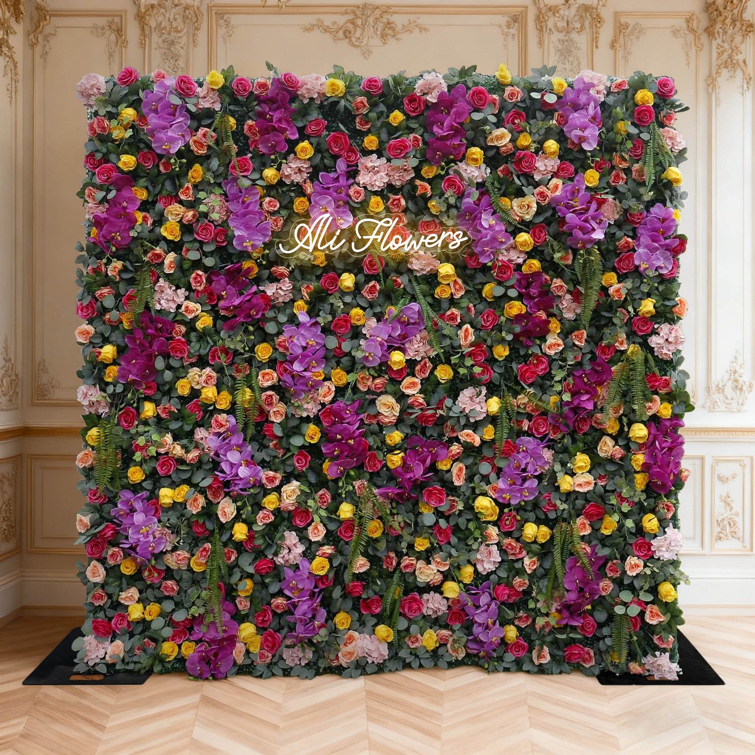 Aliflowers 5D Colorful Flowers with Hot Pink Orchid Hanging Flower Wall for Wedding Party Mall Window ALFWL037