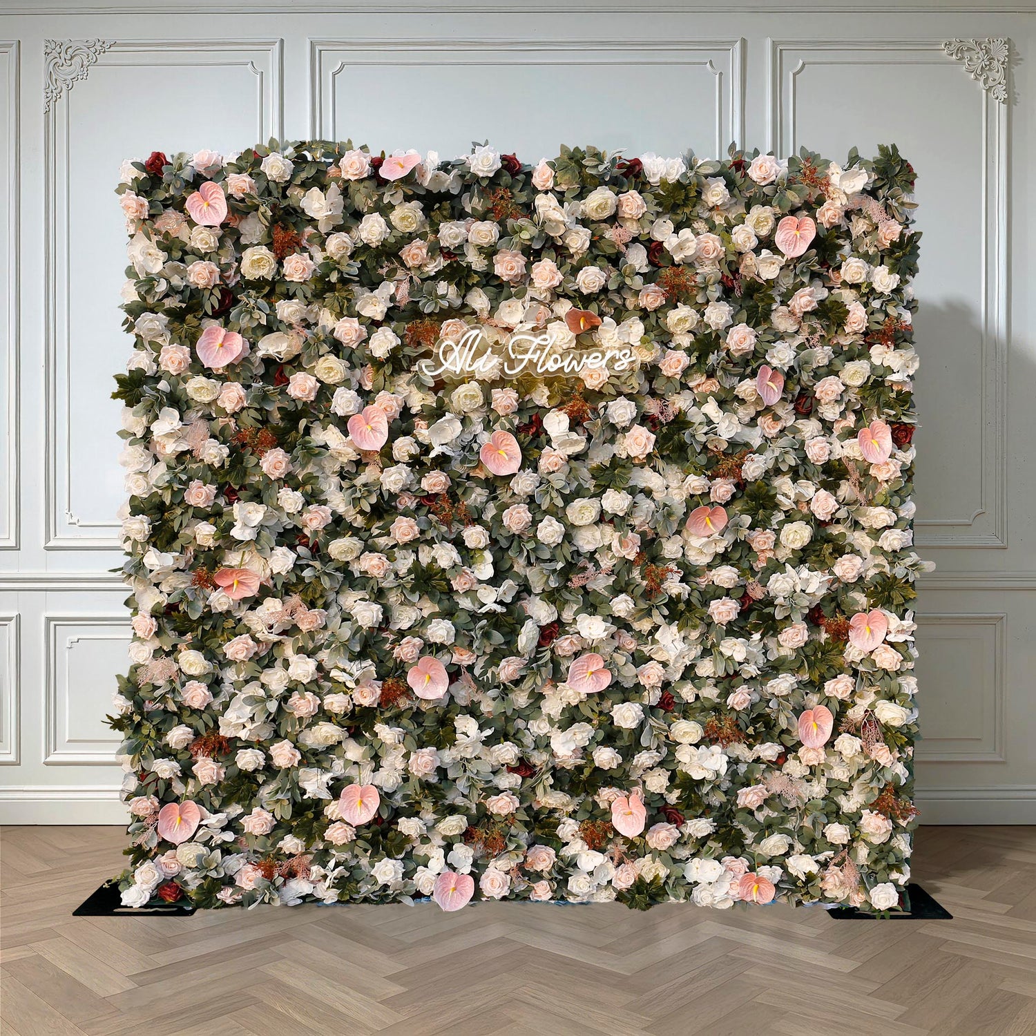 Aliflowers 3D White Rose with Anthurium Wedding Artificial Floral Wall ALFWL093