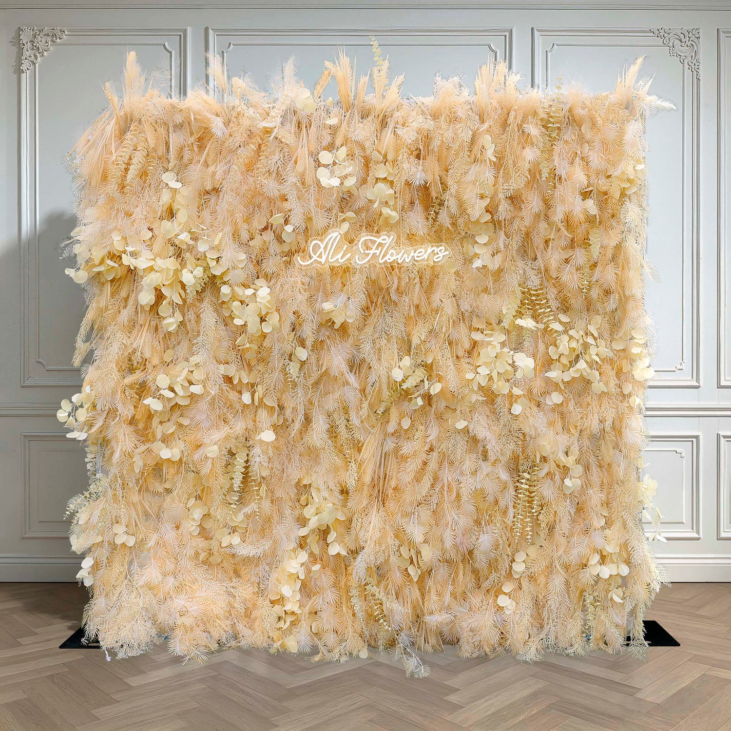 Aliflowers Artificial Handmade Dried Yellow Pampas Grass Wall for Event Party Wedding Backdrop Decor Prop ALFWL134