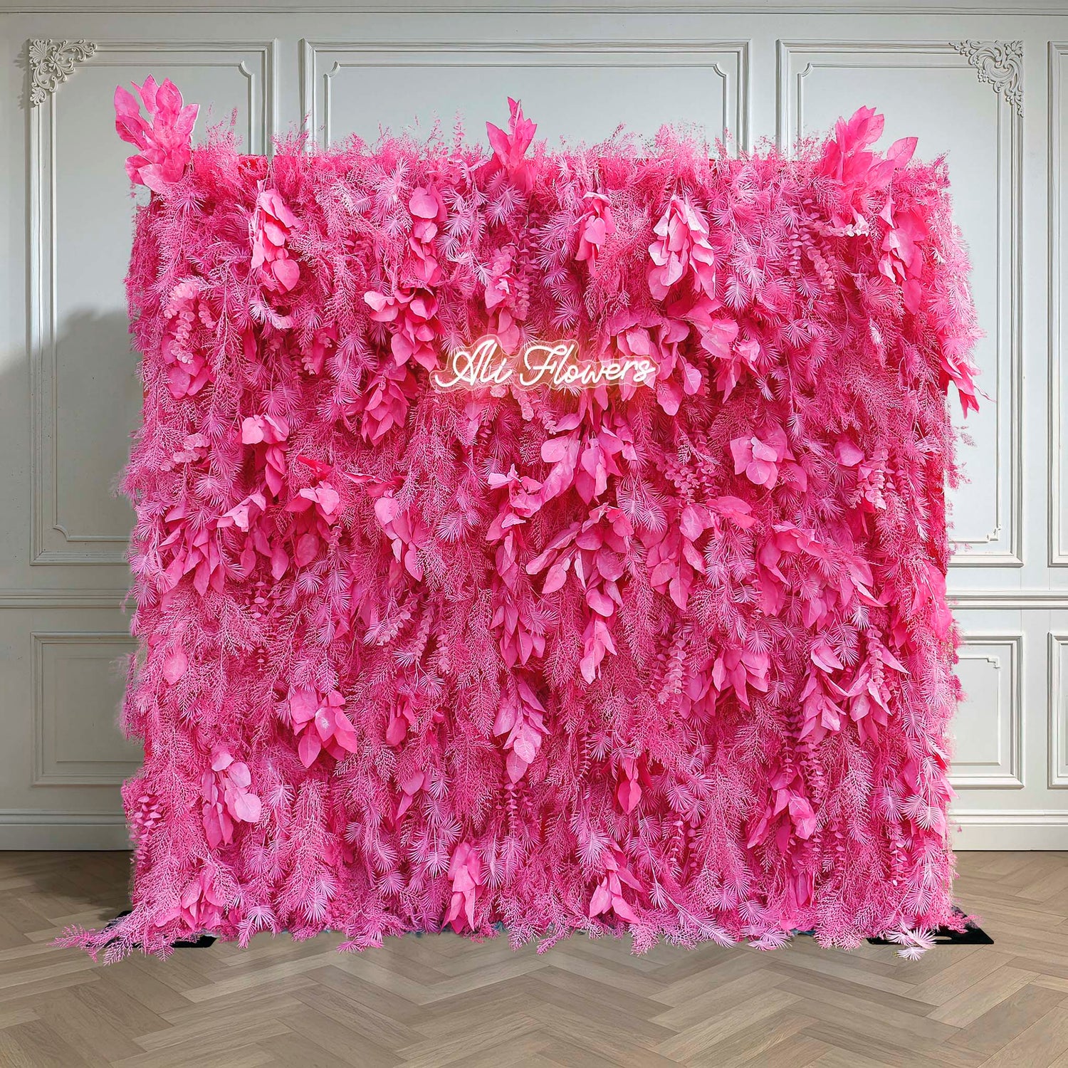 Aliflowers Hot Pink Feathered Leaf Wall – 3D Faux Floral Backdrop for Events & Weddings