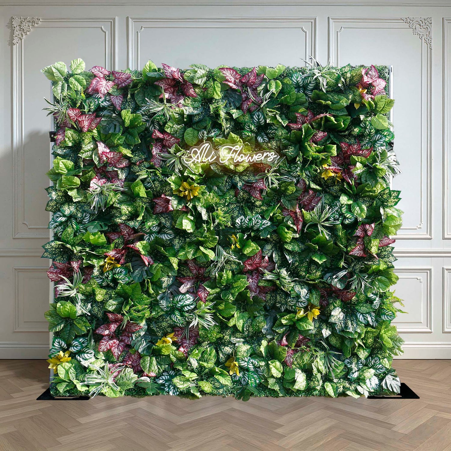 Aliflowers Artificial Tropical Green Wall Backdrop With A Variety Of Leaves For Event And Party Decorations ALFWL146