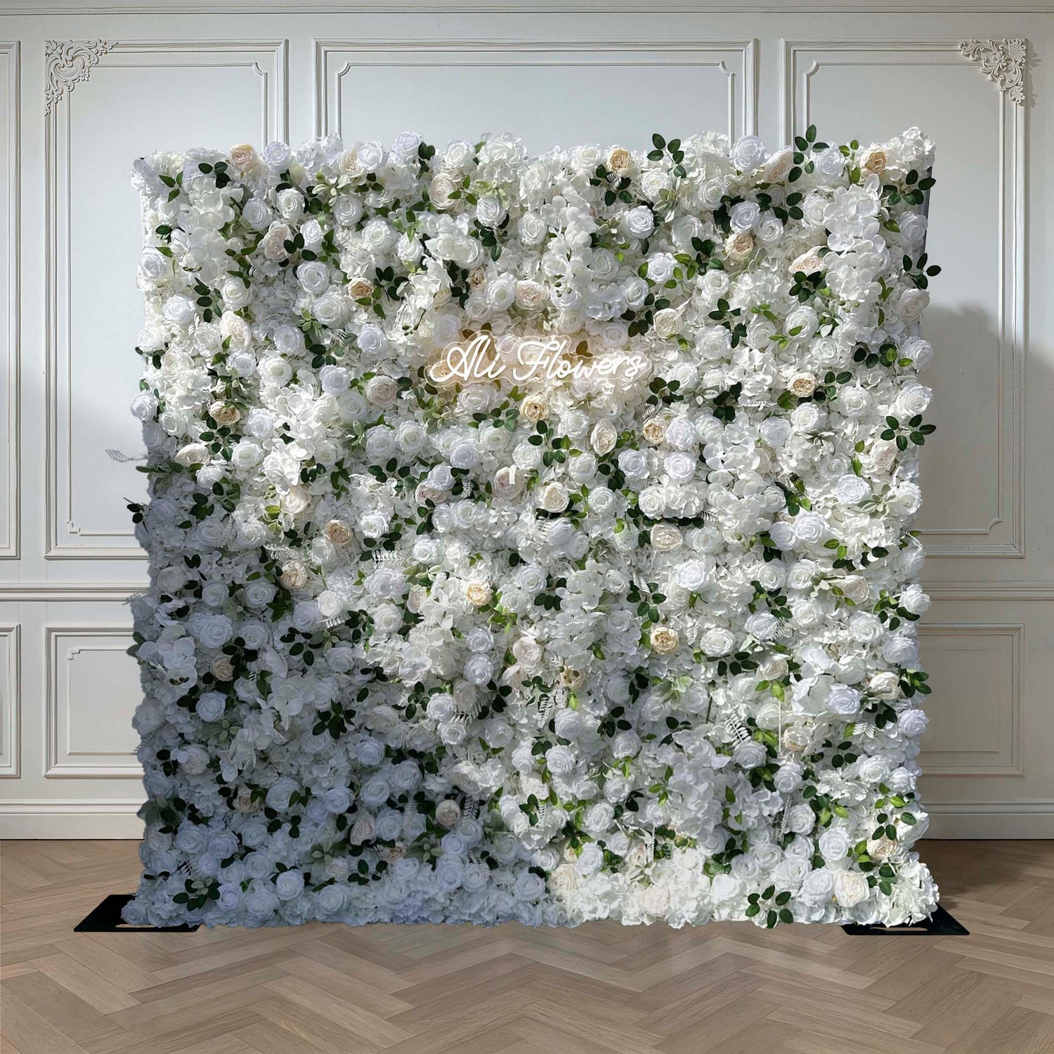 Aliflowers White Rose Green Leaf Premium Fabric Flower Wall Decoration ALFWL179