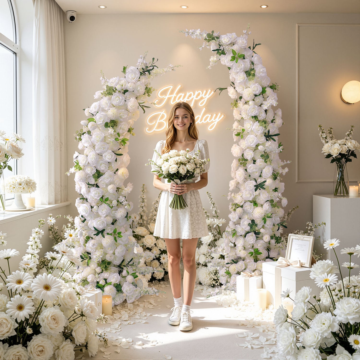 Aliflowers White Rose Flower Arrangement Decoration Horn Arch Wedding Stage Background - Ali Flowers