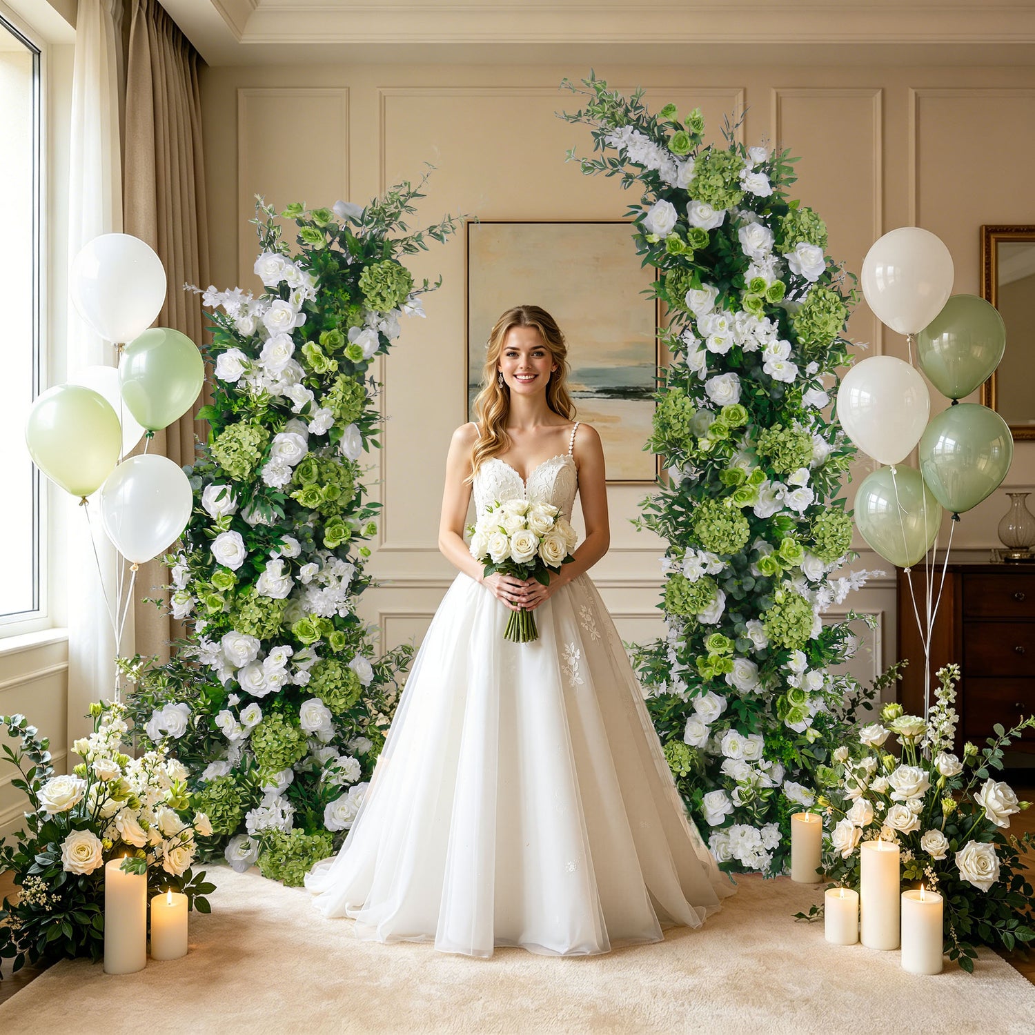 Aliflowers White Rose Green Hydrangea Artificial Flower Wedding Horn Arch Decoration - Ali Flowers