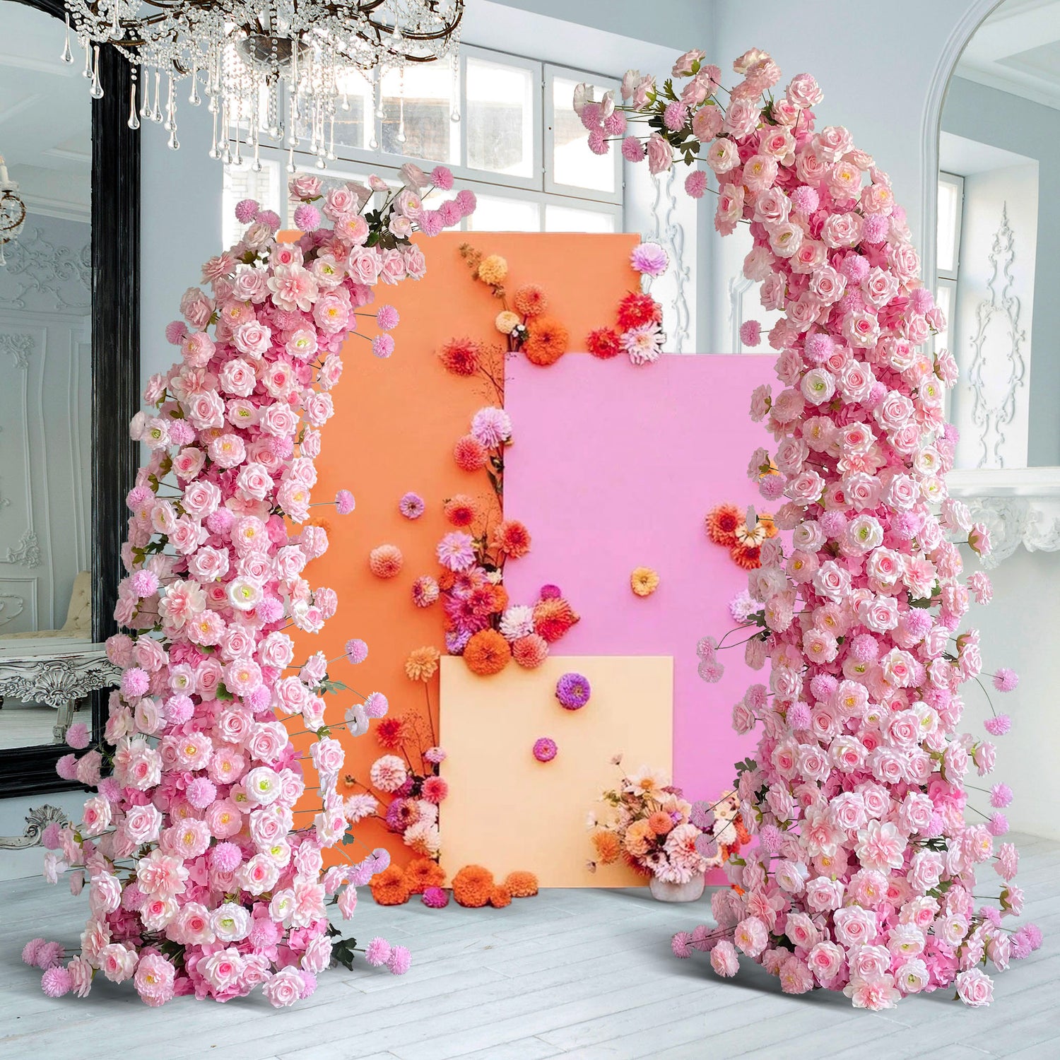Aliflowers 3D Pink Rose Horns Arch – Wedding Ceremony Floral Backdrop for Indoor & Outdoor Events