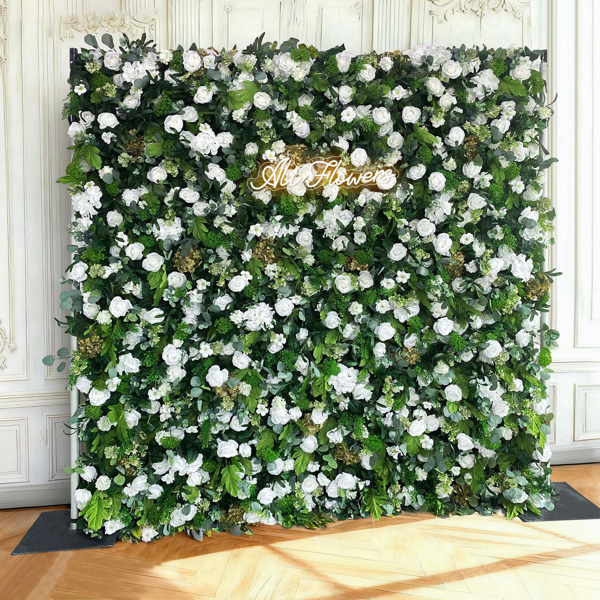Aliflowers 5D White Rose & Green Leaf Artificial Curtain Flower Wall for Event & Party Backdrop ALFWL185