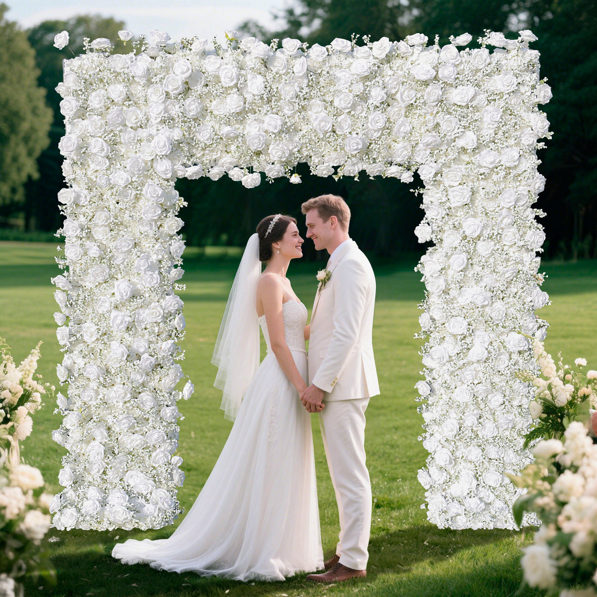 Aliflowers 5D White Rose & Baby’s Breath Fabric Artificial Flower Wall Arch Backdrop for Wedding & Party Decoration GM011