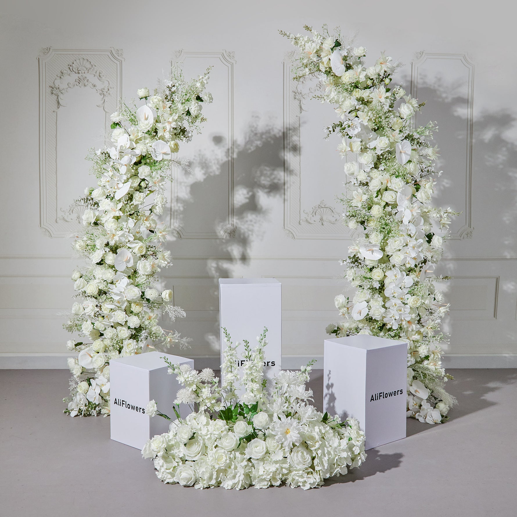 Aliflowers Elegant White Rose Floral Wedding Backdrop with Corner Arch Frame