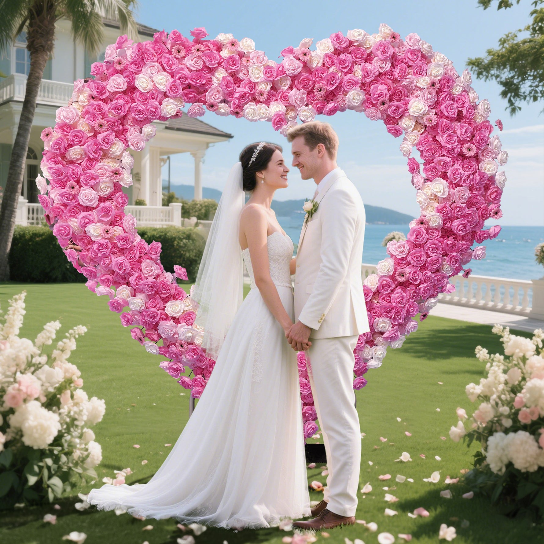 Aliflowers Heart-shaped Pink Rose Flower Fabric Background Decoration Suitable For Wedding Parties GM008