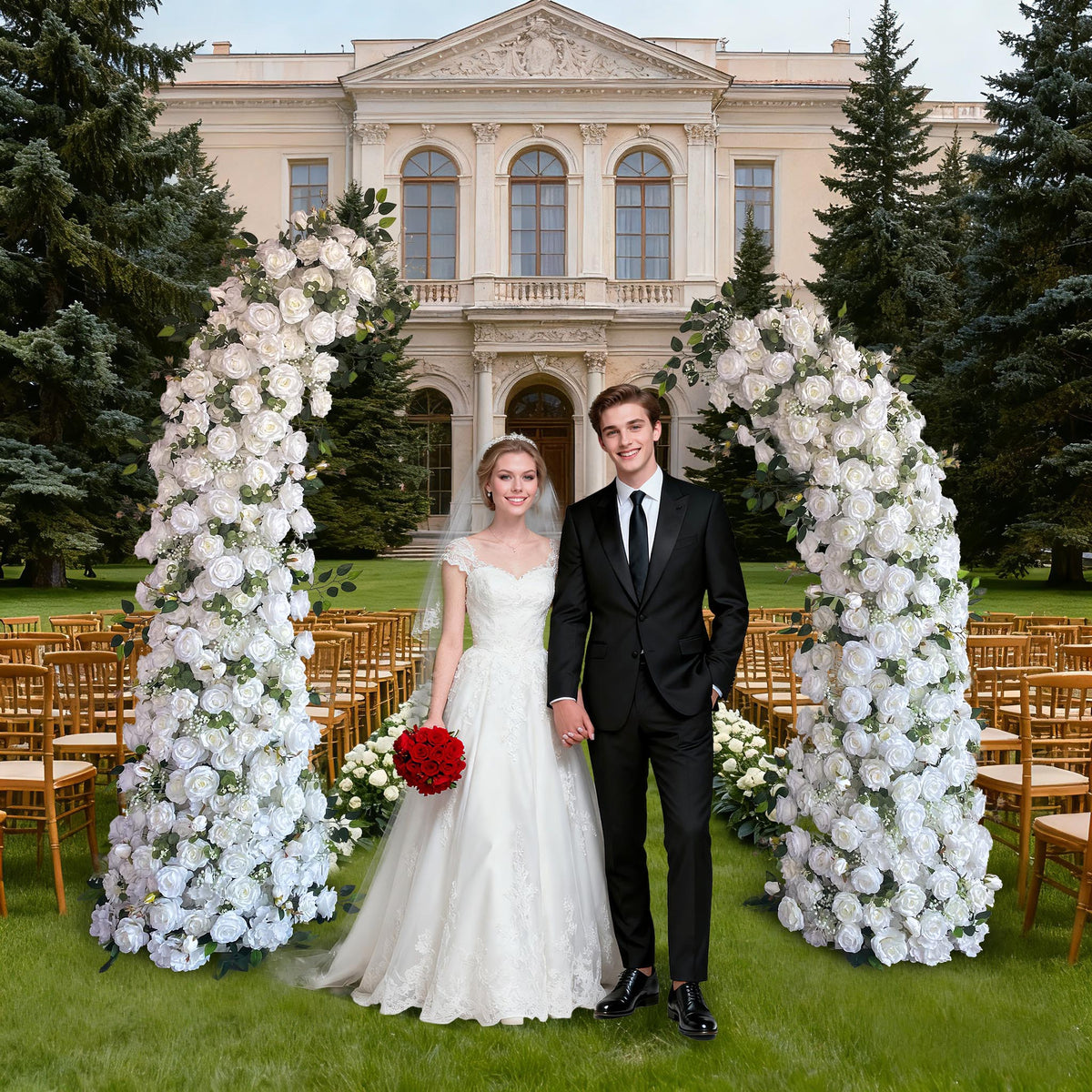 Aliflowers Luxury White Rose Wedding Arch Set for Ceremony Decoration