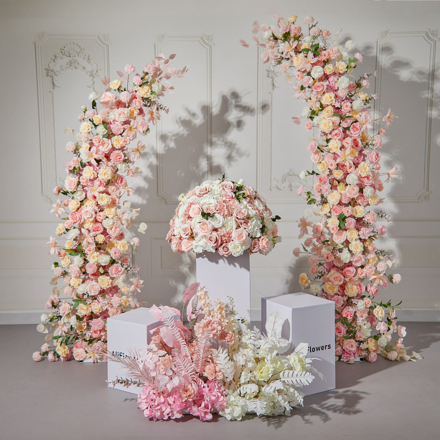 Aliflowers Pink Rose Flower Row Horn Arch Wedding Event Decor Props