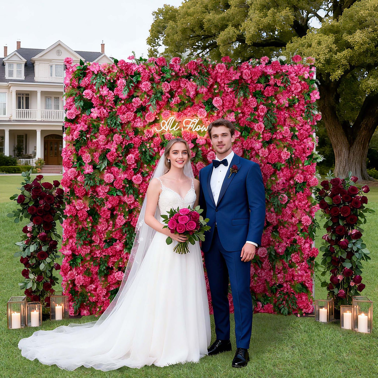 Aliflowers Pink Rose Peony Hydrangea Roller Cloth 5D Flower Wall Wedding Background Decoration ALFWL159