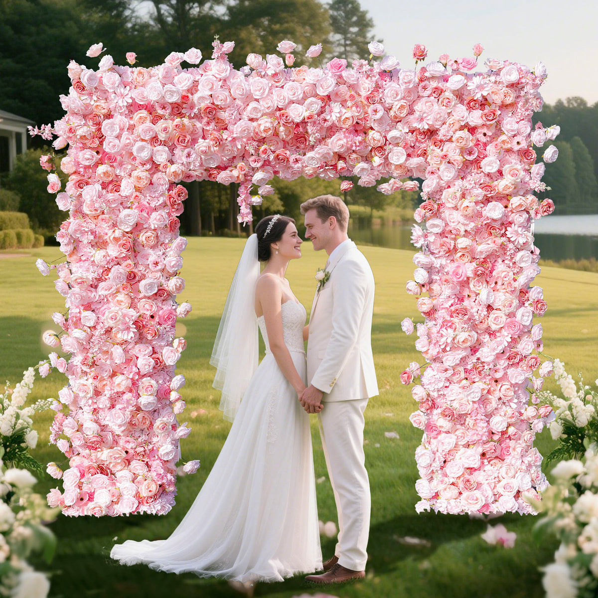 Aliflowers Pink Roses Flower Arch Fabric Backdrop Flower Wall Proposal Wedding Party Decor GM006