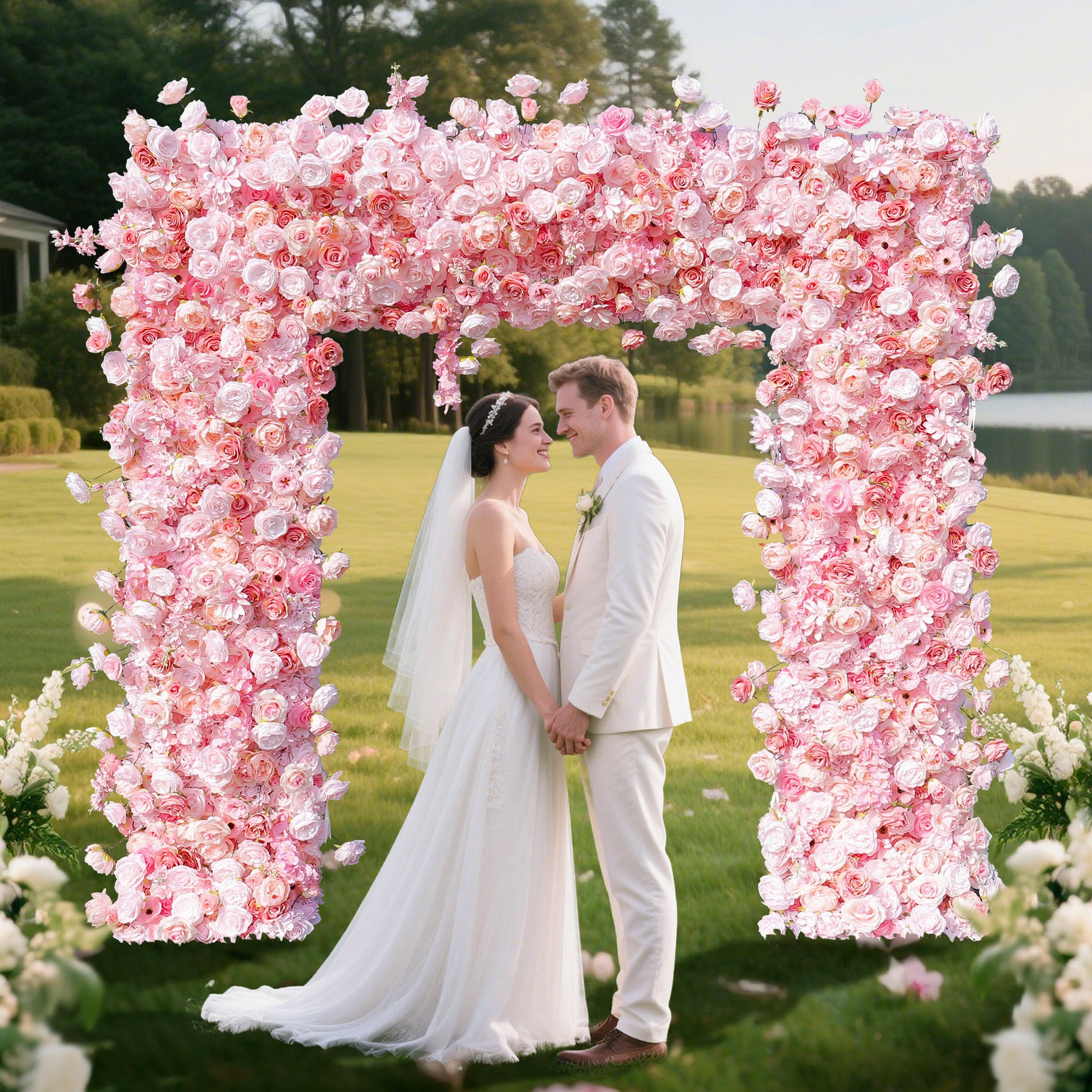 Aliflowers Pink Roses Flower Arch Fabric Backdrop Flower Wall Proposal Wedding Party Decor GM006