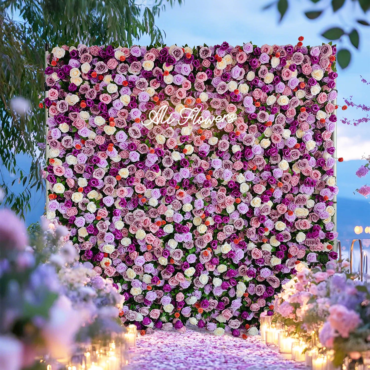 Purple silk rose flower wall backdrop for wedding events parties