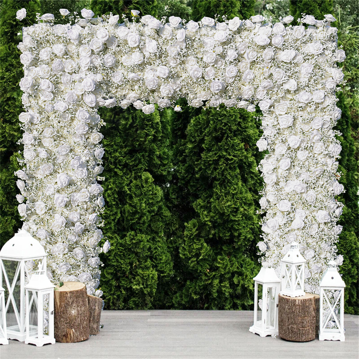 Aliflowers 5D White Rose & Baby’s Breath Fabric Artificial Flower Wall Arch Backdrop for Wedding & Party Decoration GM011