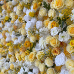 Aliflowers 3D Yellow & White Rose Fabric Roll Up Flower Wall for Wedding & Party Decor AlFWL186