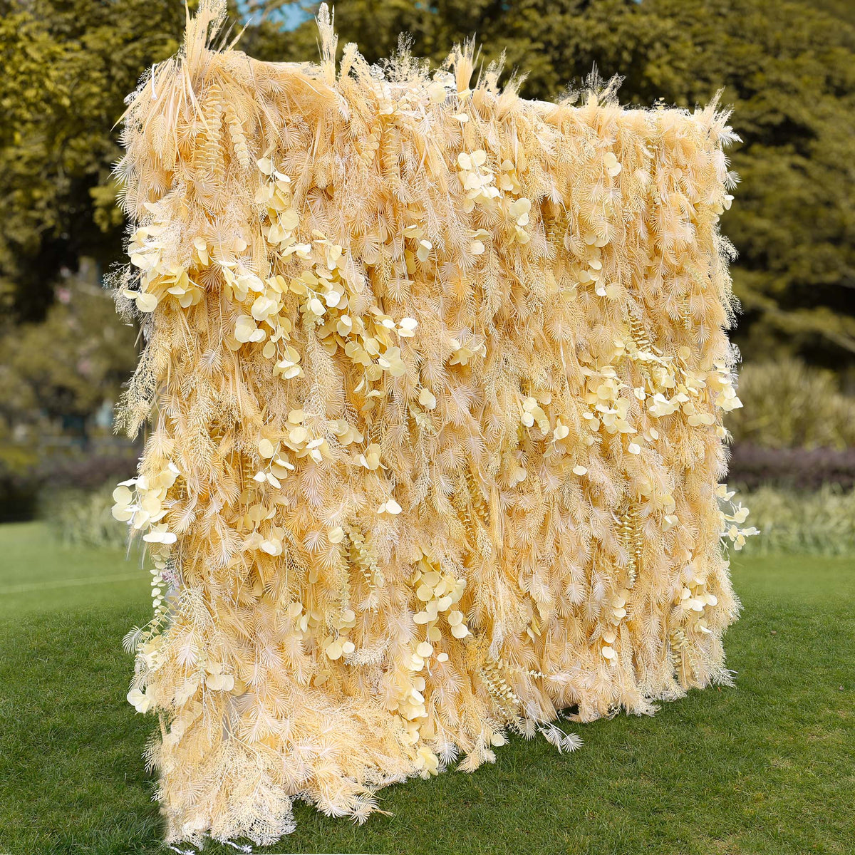 Aliflowers Artificial Handmade Dried Yellow Pampas Grass Wall for Event Party Wedding Backdrop Decor Prop ALFWL134