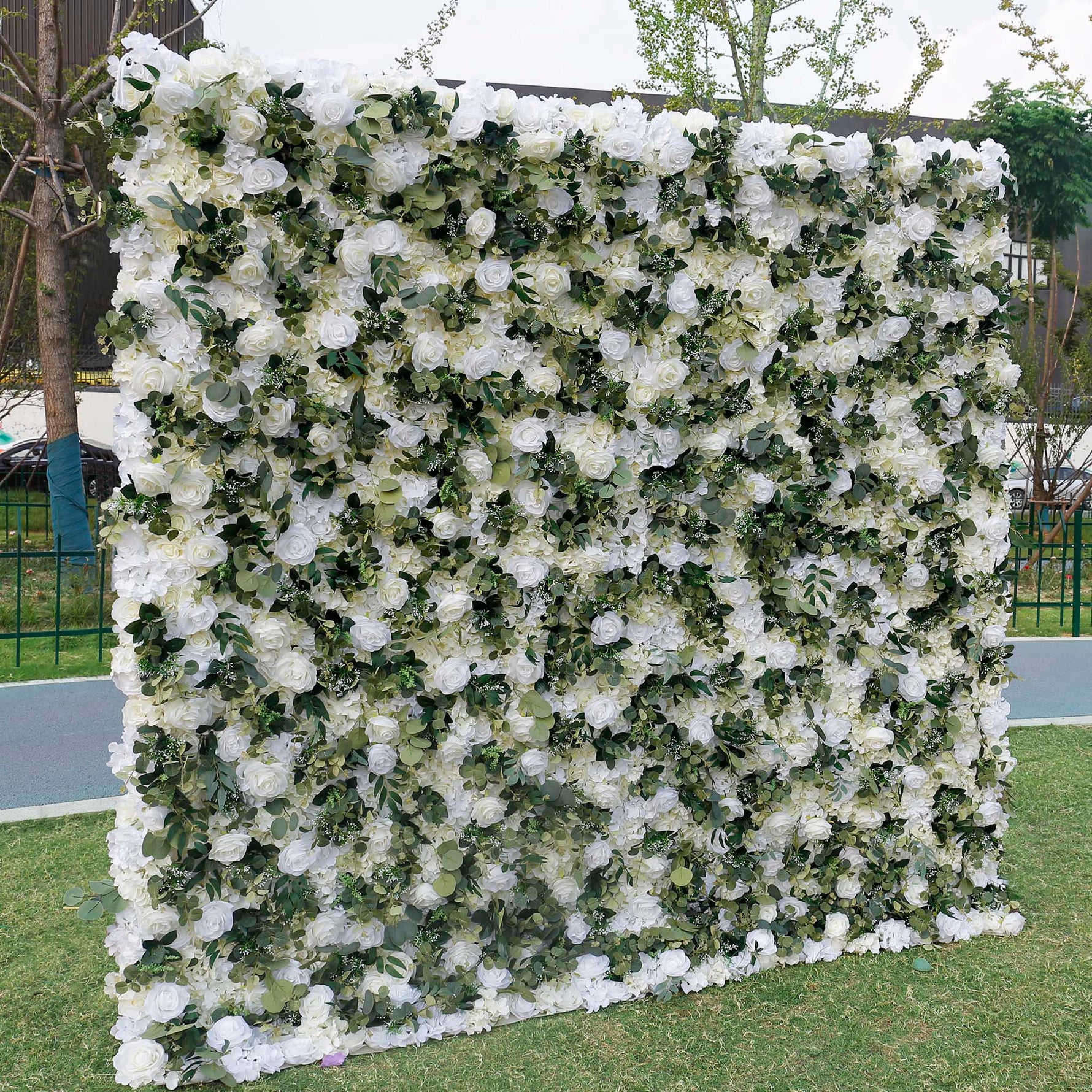 Aliflowers Cream Rose with Green Leaves Wall of Flower Wedding Backdrop ALFWL067 - Ali Flowers