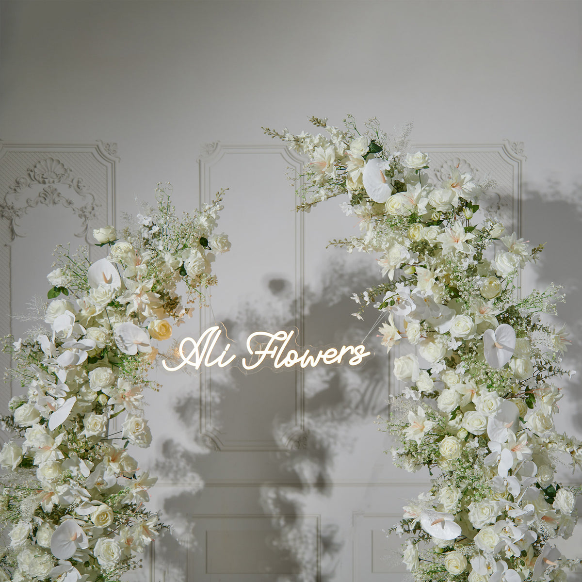 Aliflowers Elegant White Rose Floral Wedding Backdrop with Corner Arch Frame