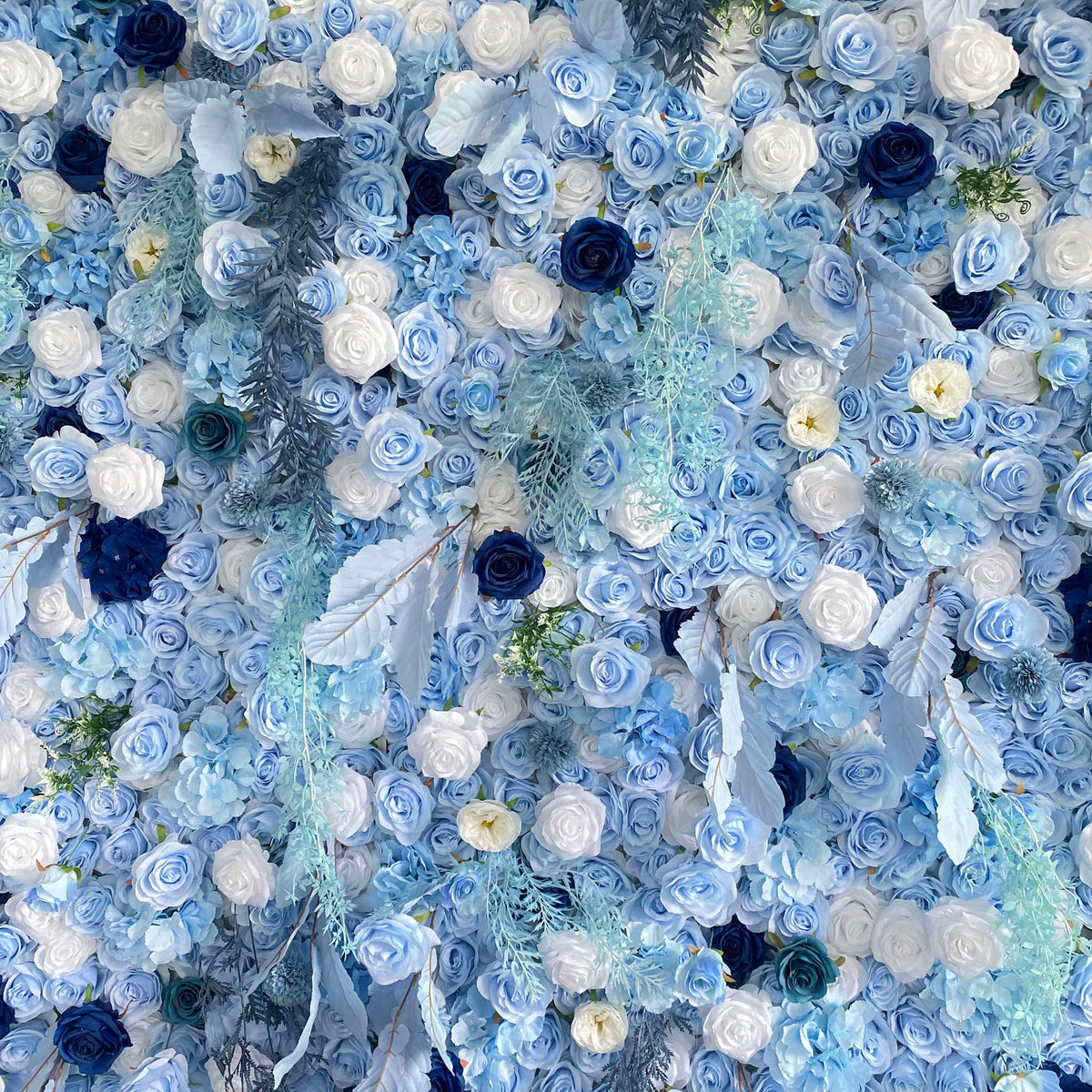 Aliflowers LIght Blue White Rose Roll Up Silk Flower Wall Backdrop for Wedding Decoration