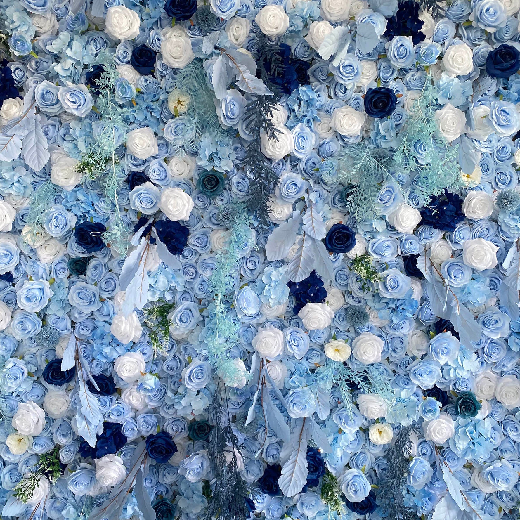 Aliflowers LIght Blue White Rose Roll Up Silk Flower Wall Backdrop for Wedding Decoration