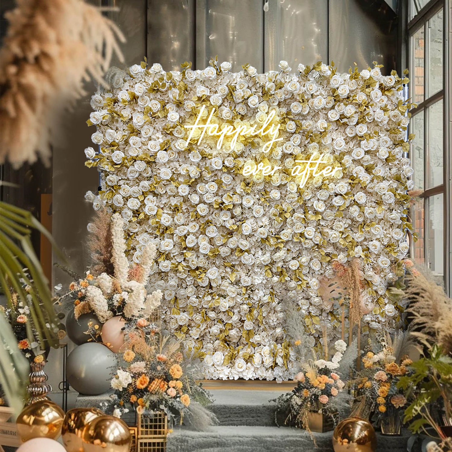 3D Light Yellow Rose and Autumn Leaves Fabric Flower Wall Wedding Backdrop ALFWL184