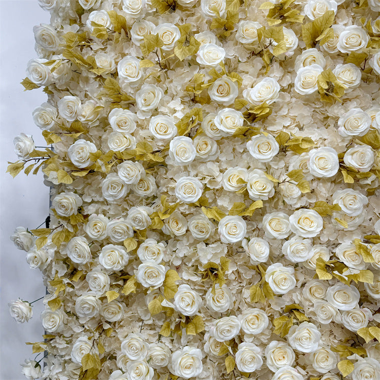3D Light Yellow Rose and Autumn Leaves Fabric Flower Wall Wedding Backdrop ALFWL184