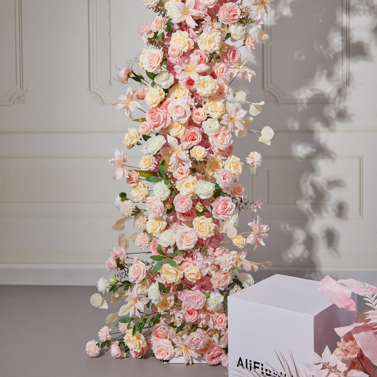 Aliflowers Pink Rose Flower Row Horn Arch Wedding Event Decor Props