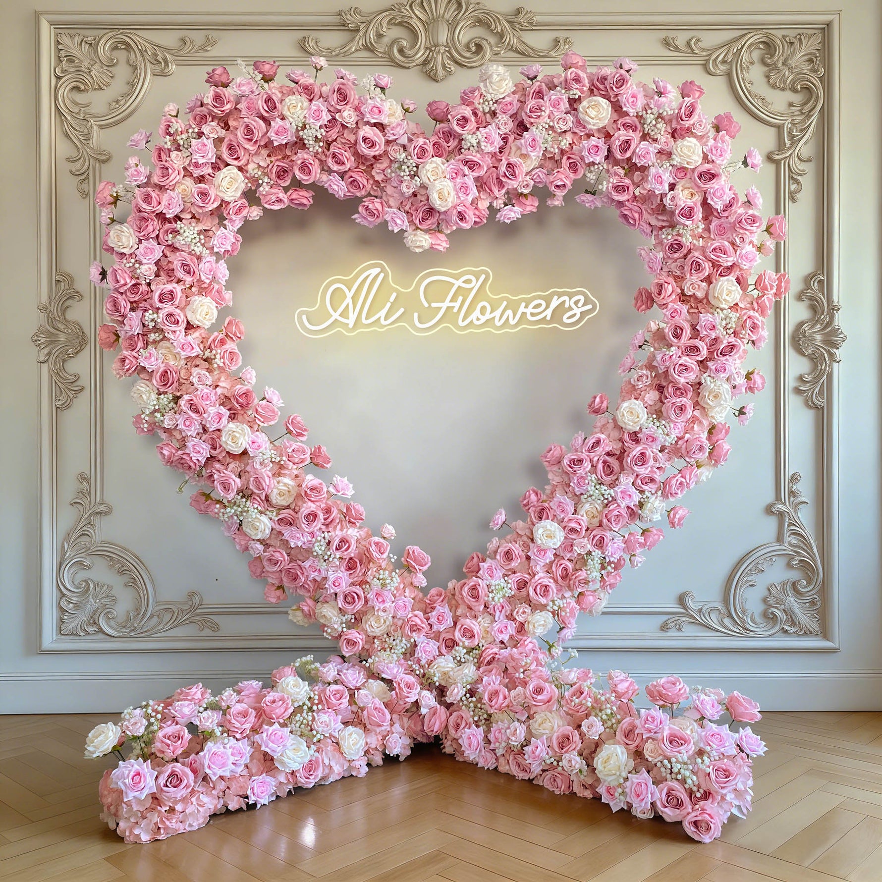 Aliflowers Blush Series Pink Rose With Baby's breath Wedding Decorations Heart Arch ALFAH002 - Ali Flowers